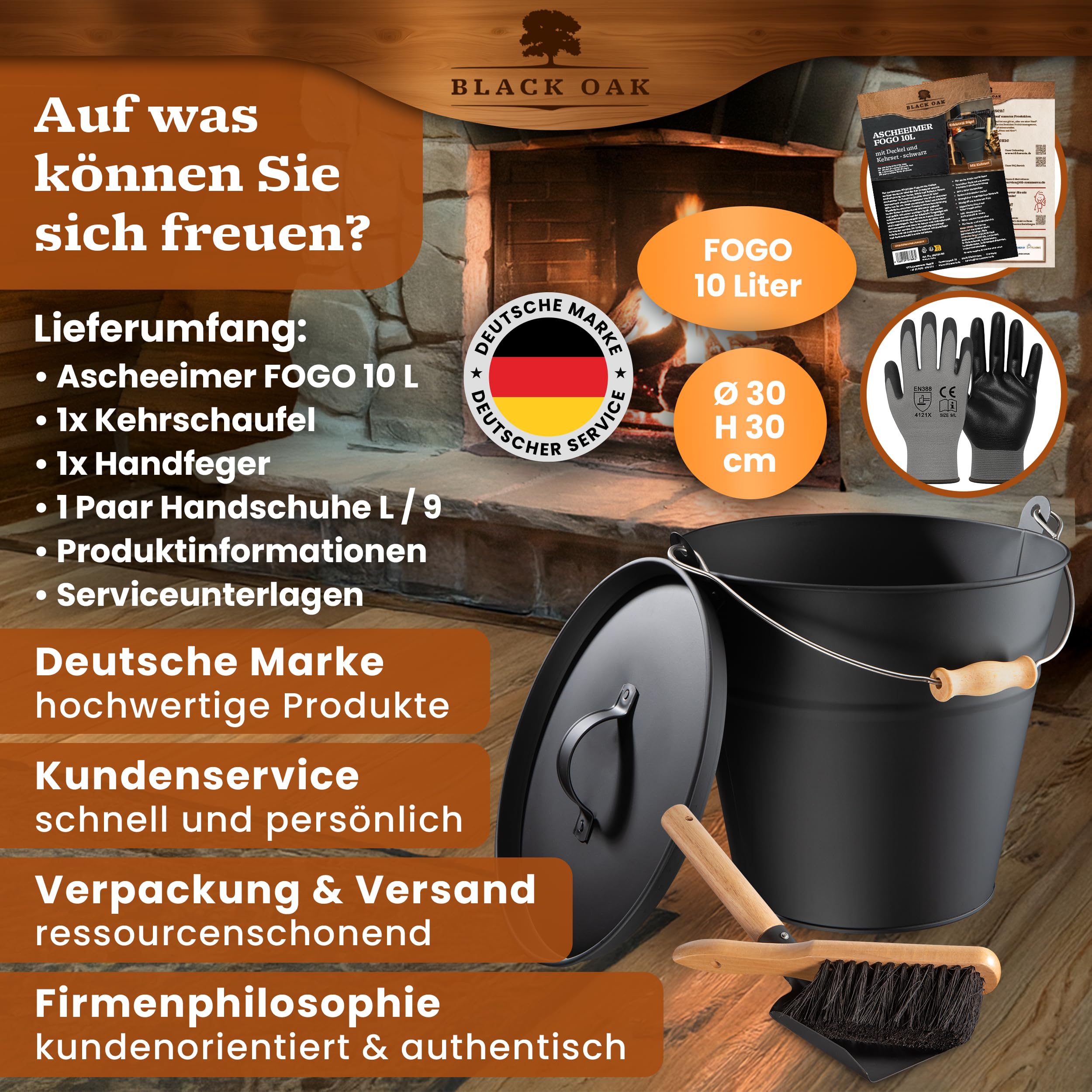 BLACK OAK Ascheeimer FOGO 10L - schwarz mit Deckel mit Metallgriff + Feger + Schaufel & Handschuhen - 10L groß Stahl feuerfest verzinkt & pulverbeschichtet Eimer für Asche Kohle Pellets Zubehör Kamin