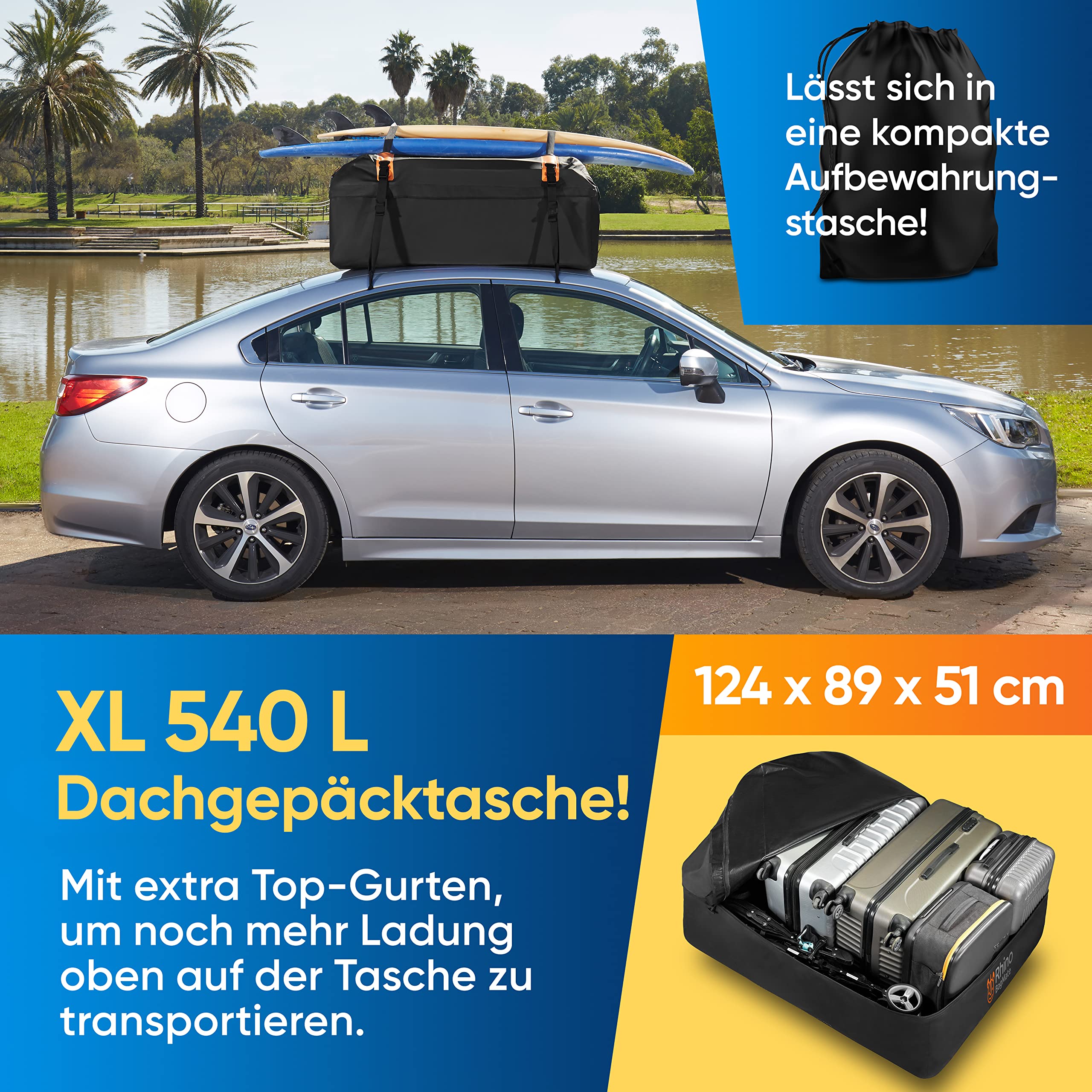 Rhino BagMate Dachtasche 540L – 100% Wasserdicht & Extrem Robust – Autodach-Koffer für alle Fahrzeuge mit/ohne Reling – Inkl. Schutzmatte & 4 Türhaken