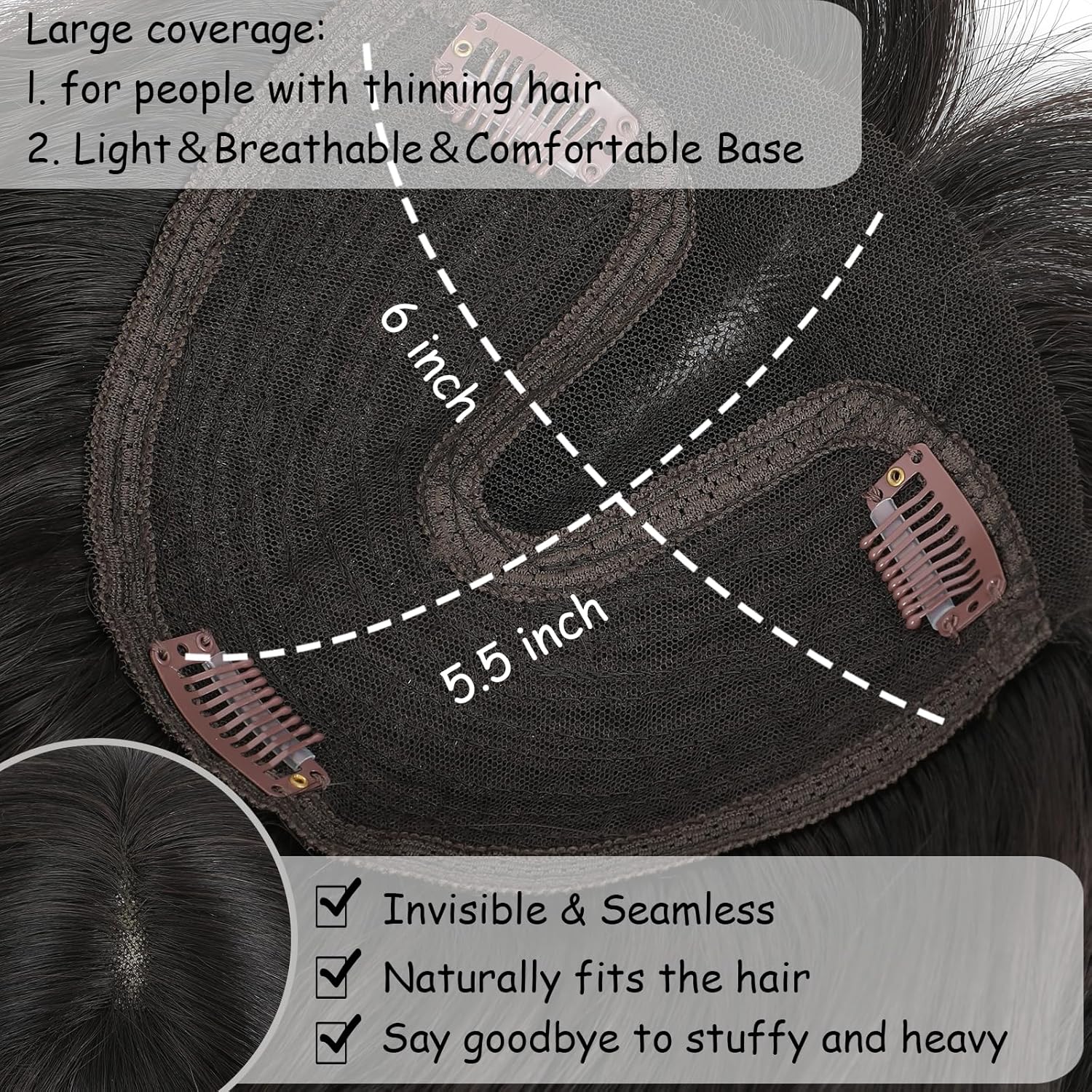 Hair Toppers for Women, 20 Inch Hand Tied Breathable Toppers Hair pieces for Women with Thinning Crown Wispy Bangs Mix Human Hair Clip in Curly Lightweight Wiglets (Dark Brown, Wispy Bangs)