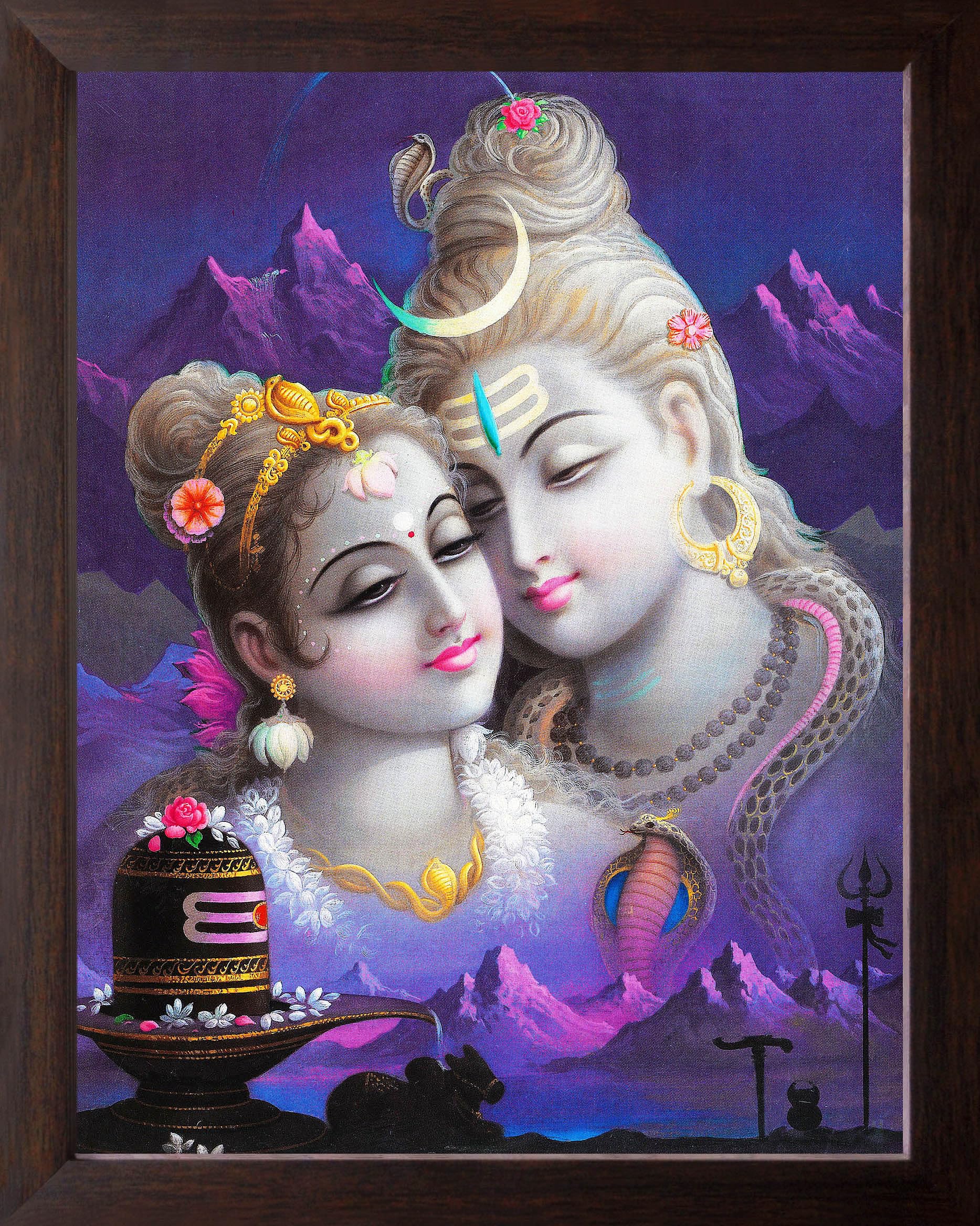 Art n Store: Lord Shiva and Devi Parvati Painting, HD Printed Religious & Decor Picture with Plane Brown Frame (30 X 23.5 X 1.5 cm_ Brown Wood)