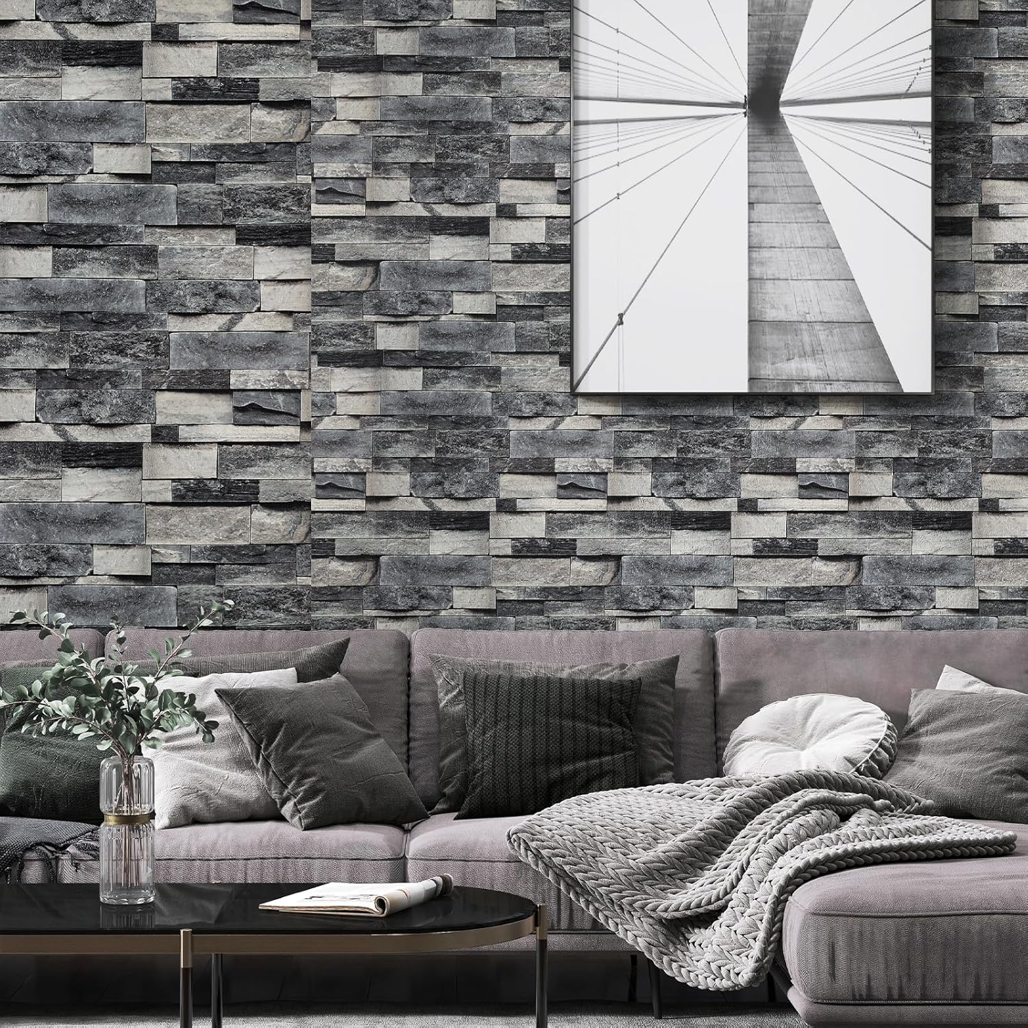 MS magic Brick Wallpaper Peel and Stick Wallpaper 17.7” X 118” Gray Faux 3D Brick Wall Paper Self Adhesive Removable Vintage Textured Contact Paper for Fireplace Kitchen Home Decoration Vinyl