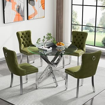 Henf 5 Piece Round Glass Dining Table Set for 4, 35" Round Dining Table & Chair Set Modern Small Circle Glass Kitchen Table and 4 Velvet Chairs for Kitchen Apartment Silver Table & Olive Green