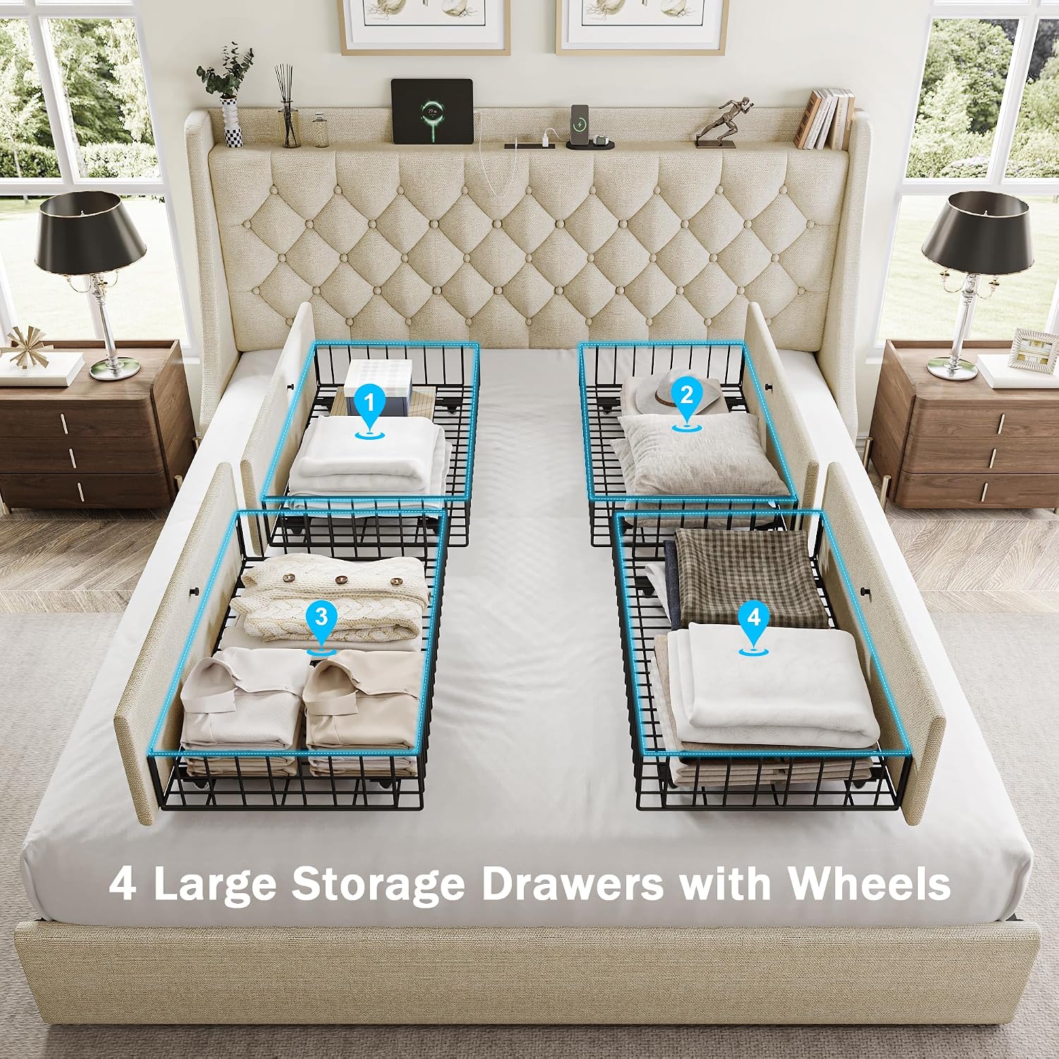 GalnFu King Size Bed Frame with 4 Storage Drawers and Charging Station ...