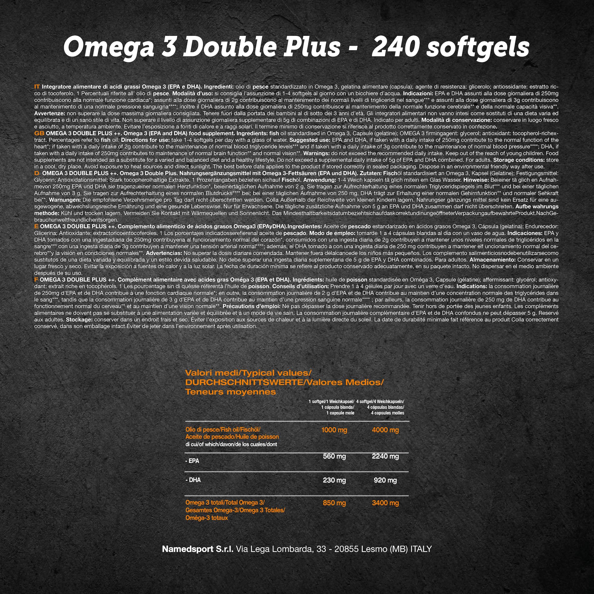 NAMEDSPORT Omega 3 Double Plus | Integratori Omega 3 Alta Concentrazione EPA + DHA da Olio di Pesce Purificato | Certificato | Supporto per Cuore, Cervello, Vista | 350 Softgel 2 Confezioni (110+240)