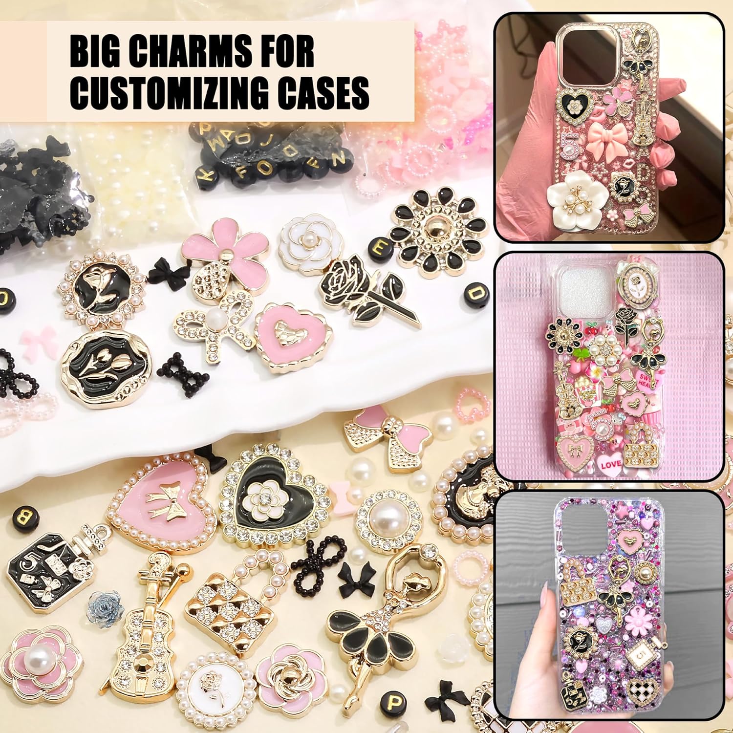 BELICEY Junk Case Charms Kit Gold Pink Flower Big Charm for Junk Cases 3D Vintage Bow Heart Rose Phone Case Charms Flatback Butterfly for DIY Personalization - Image 6