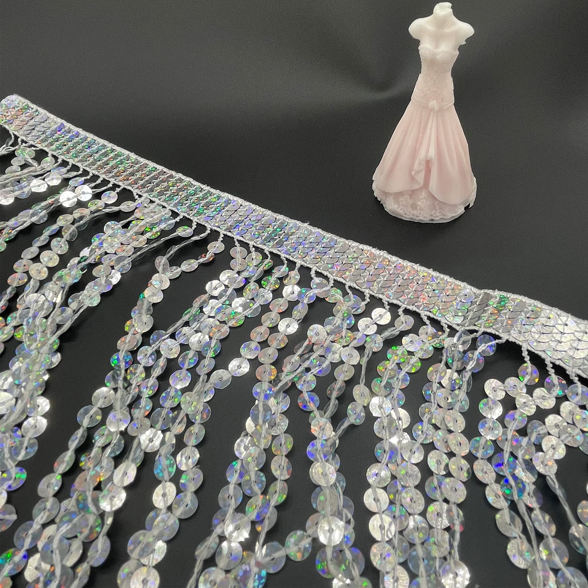 3 Metri Paillettes Frange con Frange (Larghezza 15cm) Paillettes Bordo a Frangia Nastro Decorativo per Frange per Danza Accessorio da Cucito per Abbigliamento Costume Artigianale (Argento)