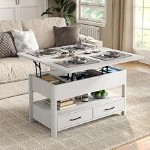 36.3''W Lift Top Coffee Table with Storage, Wood Coffee Table with Lifting Top, Modern Center Table with Open Shelf and 2 Drawers, for Living Room, Home Office, White