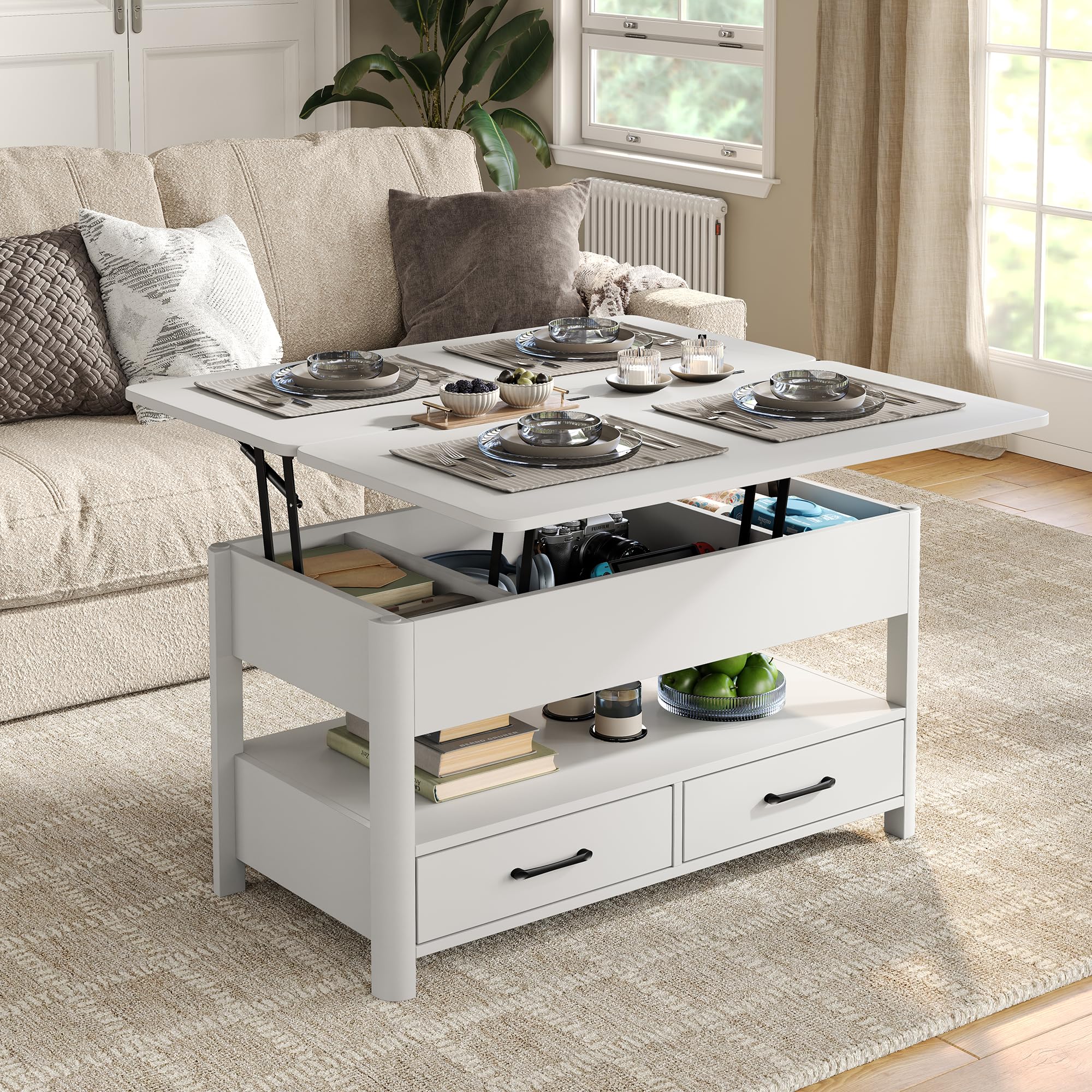 Furnihold Lift Top Coffee Table with Drawers and Hidden Compartment, Coffee Table Converts to Dining Table for Living Room, White