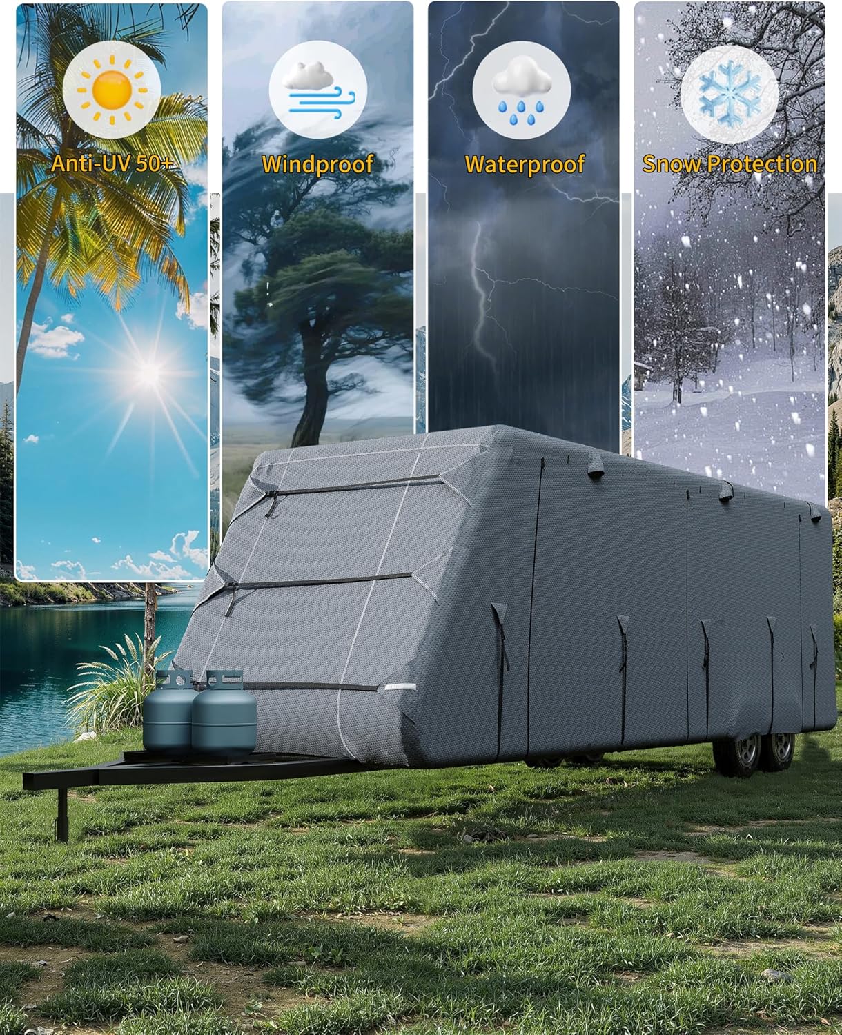 Garvee Travel Trailer RV Cover, Extra-Thick Upgraded 7 Layers for Camper Cover 27'-30', with Adhesive Repair Patches, 2Pcs Windproof Straps & 4 Tire Covers