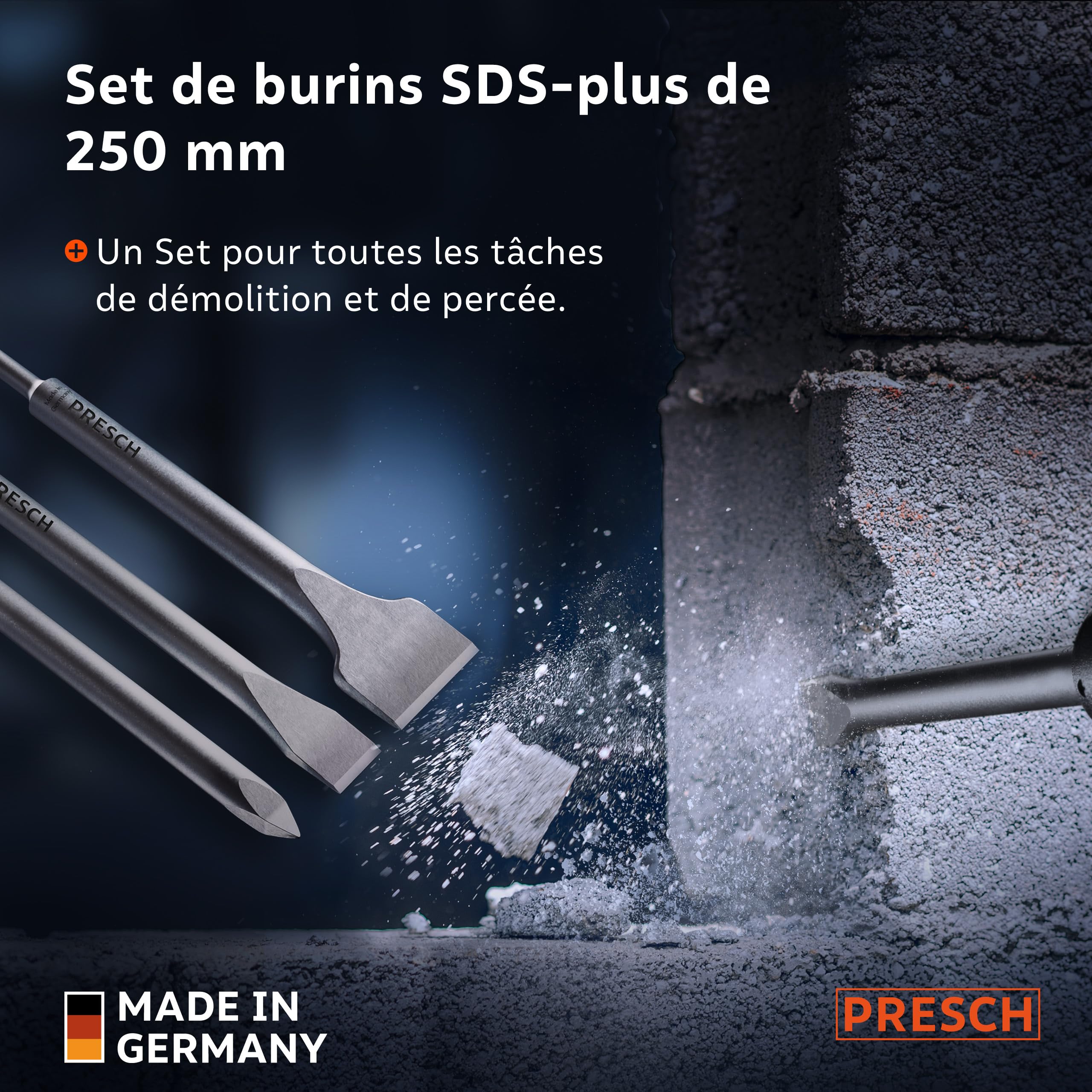 Presch SDS-plus Burin Pointu - Pointe extrêmement robuste et durable - Pour tous les travaux de perçage (longueur de 250 mm) - Burin en acier haute performance pour des coups puissants