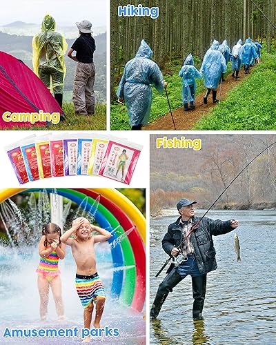Miniatura 5 de Jiuguva Paquete de 48 ponchos desechables para la familia, capa gruesa de lluvia de emergencia con capucha con cordón para niños y adultos,