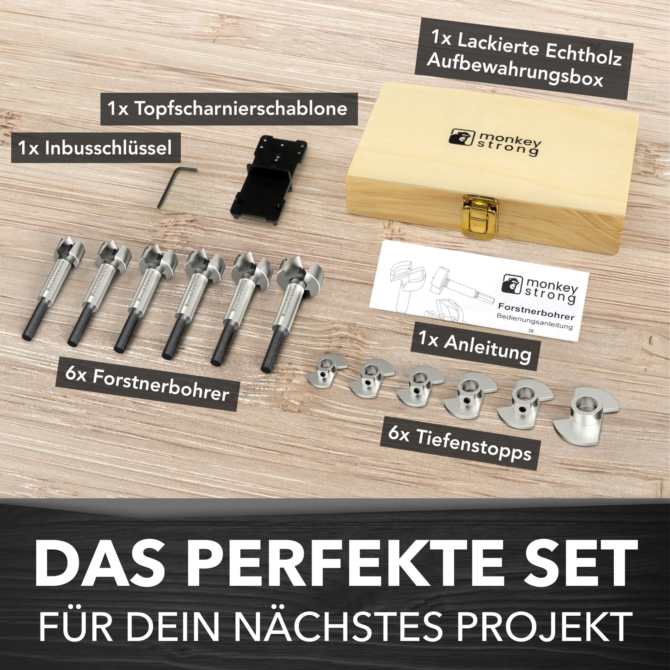 monkeystrong Forstnerbohrer Set 15-40mm 13-tlg mit Tiefenstopp & Schablone | Topfbohrer, Scharnierbohrer, Astlochbohrer, Sacklochbohrer, Kunstbohrer, für Hartholz, Weichholz, MDF & Spanplatte