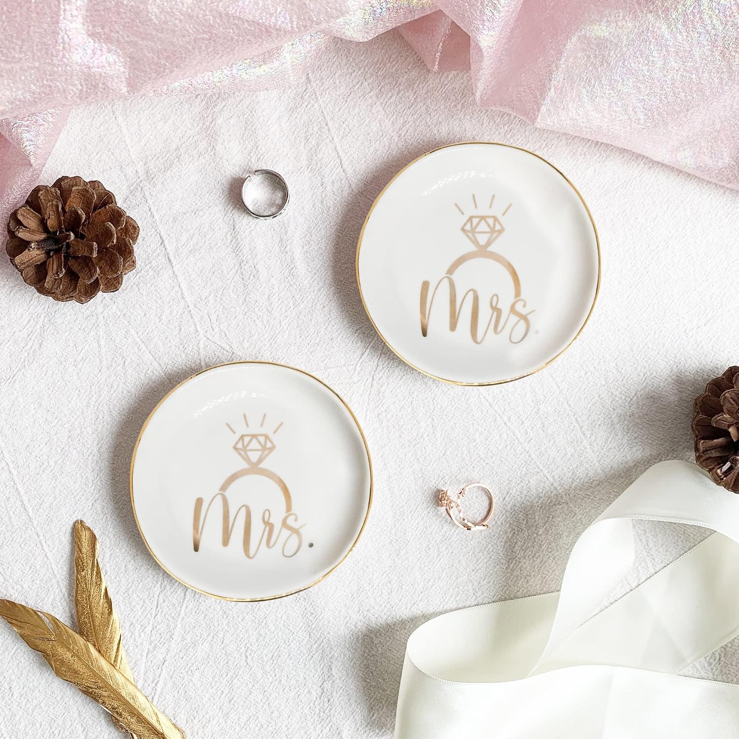 Mrs Ceramic Jewelry Trinket Dish Tray, Decorative Trinket Tray Holder for Ring Necklace Earring Key Gift for Women her Engagement Wedding Motherday Day Gift