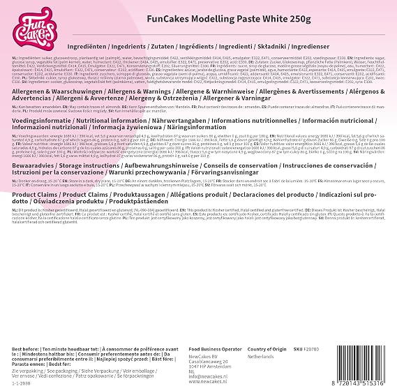FunCakes Modelling Paste White: Perfect for Modelling Figures, Cake Toppers and Ruffles. Strong, Smooth and Pliable. Halal, Kosher and Gluten Free. 250 g.