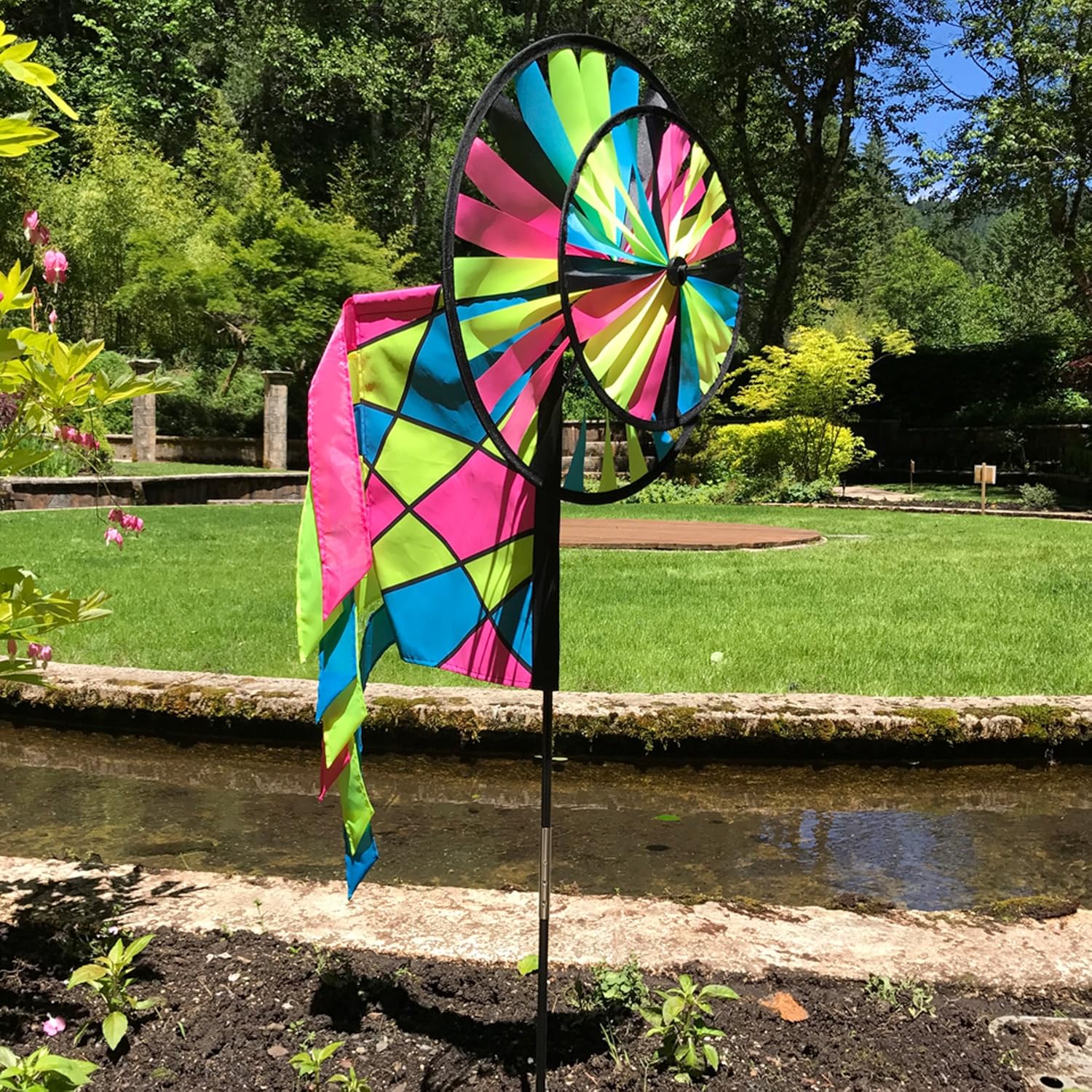 In the Breeze Neon Colorblock Spinner Wheels with Garden Flag and Tails - Ground Stake Included - Colorful Décor for Your Yard and Garden,2730