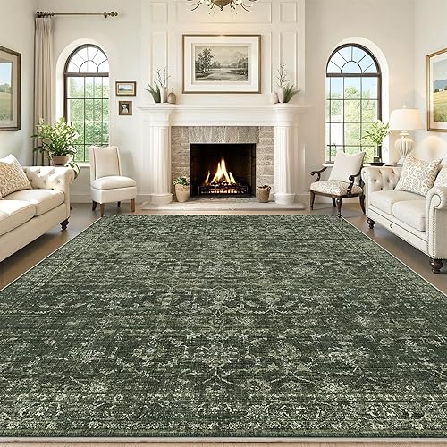 Washable Area Rug 8x10 Green Rugs for Living Room, Vintage