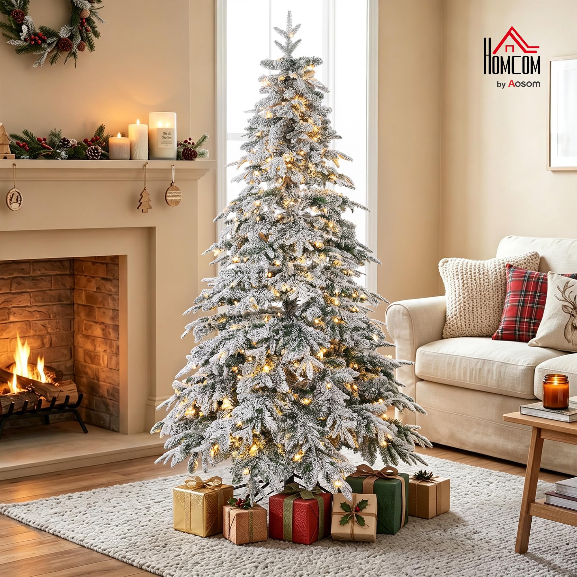 HOMCOM Sapin de Noël Artificiel 180 cm Lumineux Enneigé Vert et Blanc