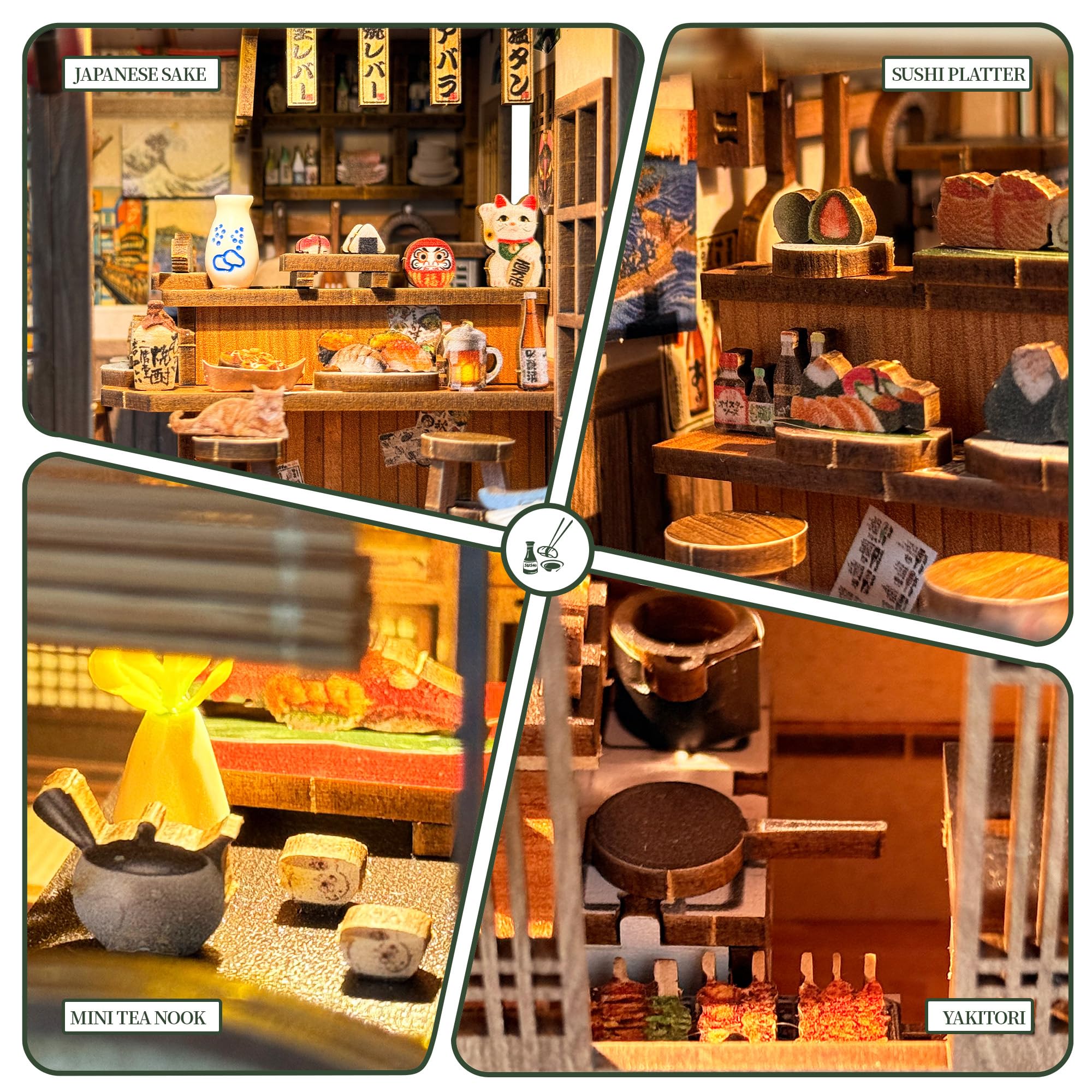 Japoński Book Nook kit DIY miniaturowy domek dla lalek zestaw do montażu z diodami LED | Drewniane puzzle 3D Tiny House Book Nook Dekoracja do domu i biura, kreatywne rzemiosło, prezent, dla dorosłych