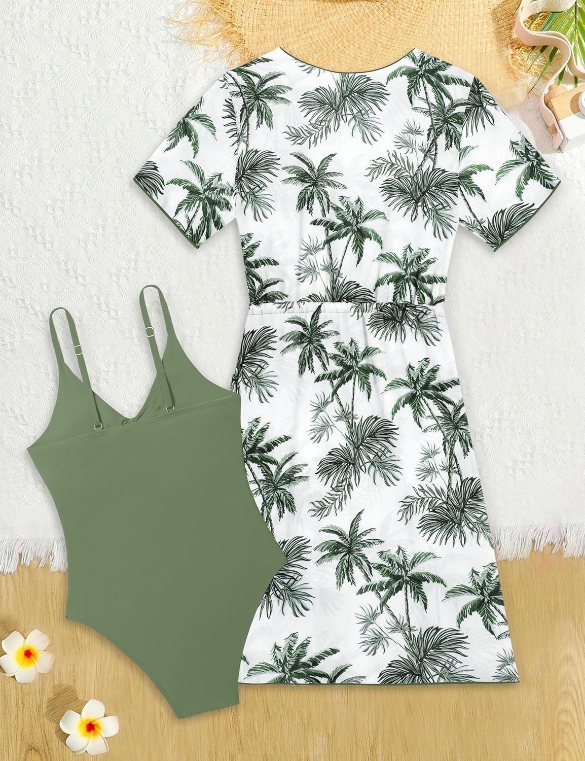 KANGKANG Girls Swimsuit, Solid Color Girl One Piece Swimsuits with Tropical Print Drawstring Cover Up Bathing Suits Set 9-16Y - Image 6