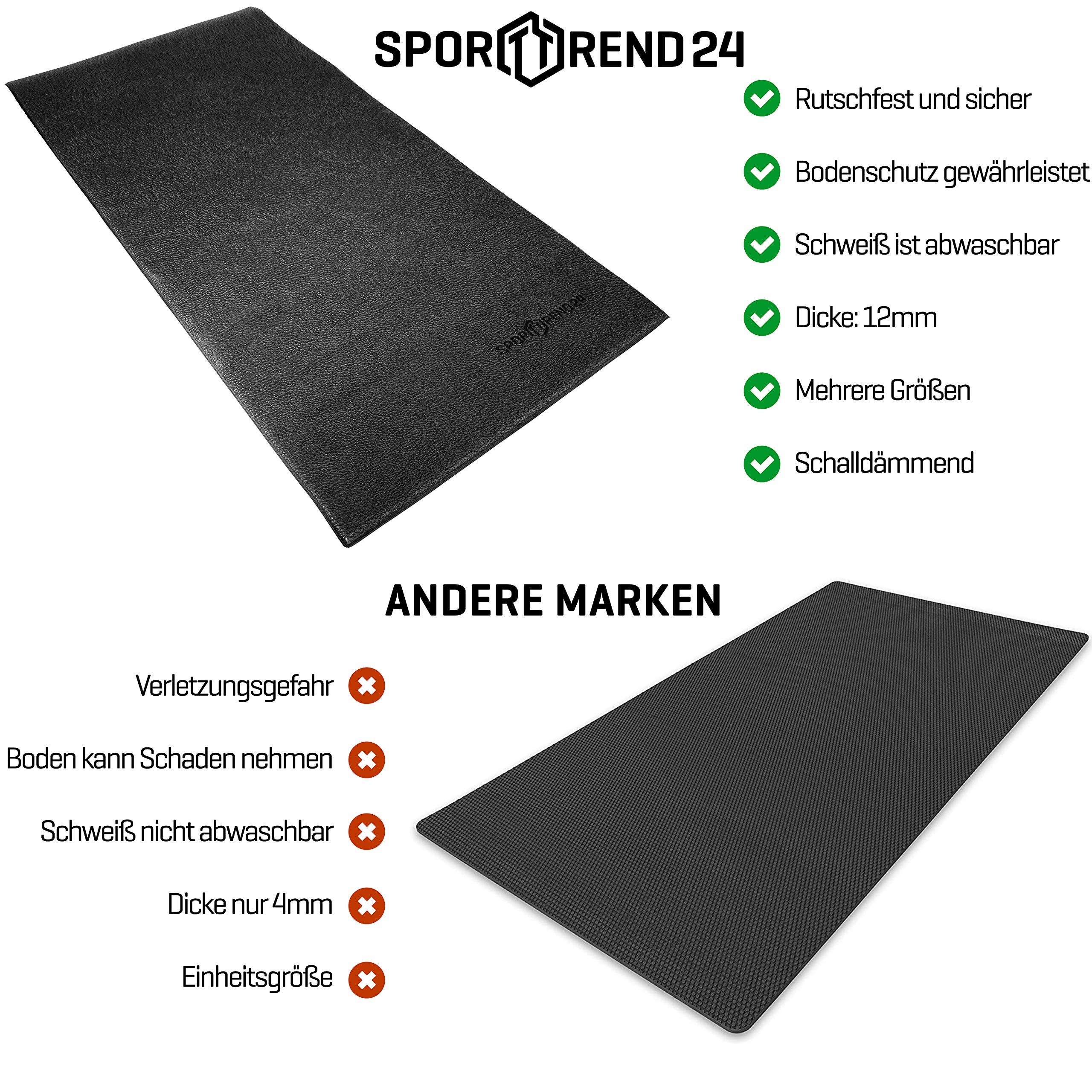 Sporttrend 24® Unterlegmatte 120cm, 160cm, 181cm, 220cm zum ausrollen in schwarz, 1,2cm Stärke | Laufbandmatte, Bodenmatte, Schutzmatte