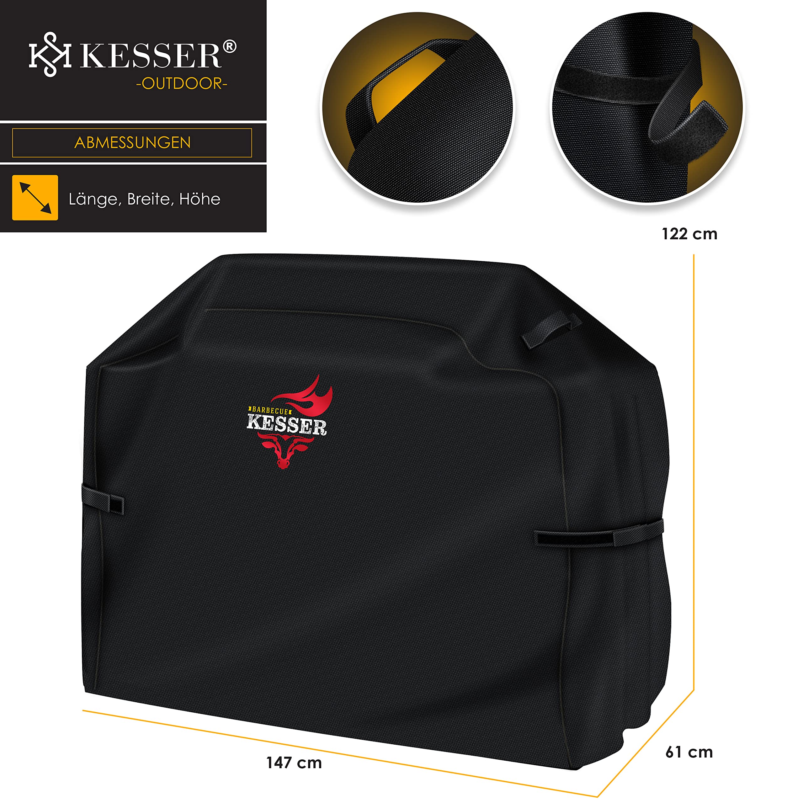 KESSER® Premium BBQ Grillabdeckung Gasgrill Grillhaube Abdeckung Wetterfest - für Weber, Brinkmann, Char Broil Grill Abdeckhaube Schutzhülle | 600D Oxford- Gewebe Reißfest | 147x61x122cm | Schwarz
