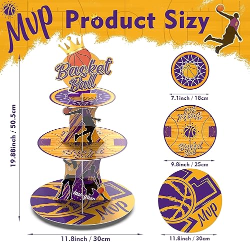Miniatura 3 de Soporte para cupcakes de baloncesto MVP de 3 niveles con temática de baloncesto, decoración de fiesta de cumpleaños, torre de cupcakes para