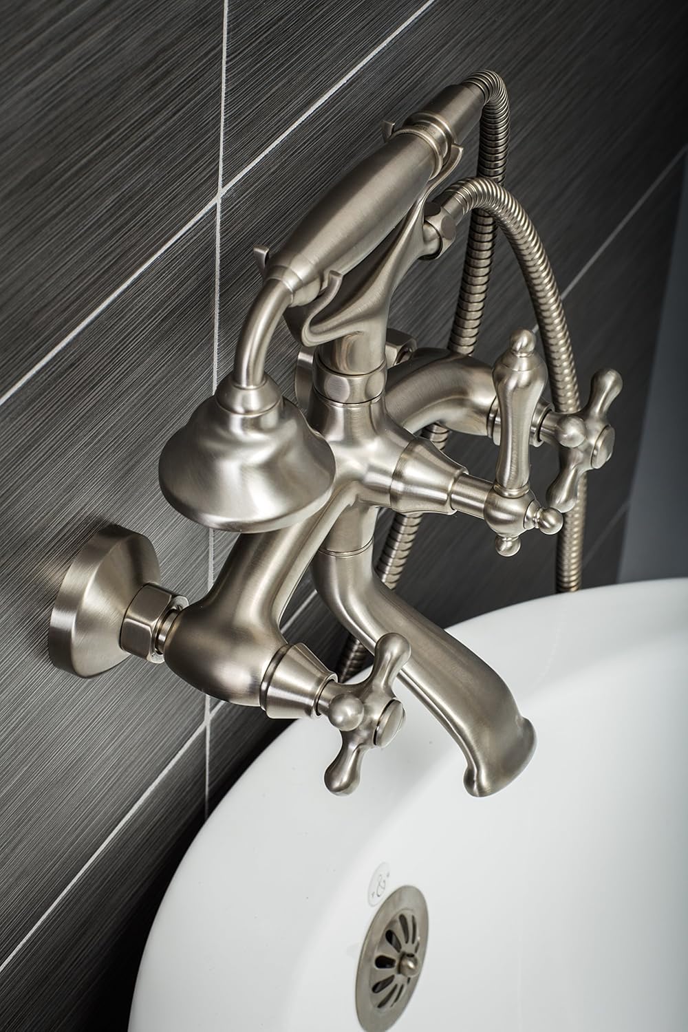 Get Popular Offer Luxury Clawfoot Tub or Freestanding Tub Filler Faucet, Vintage Design with Telephone Style Hand Shower, Wall Mount Installation, Cross Handles, Brushed Nickel Finish 70% Off Discount Luxury Clawfoot Tub or Freestanding Tub Filler Faucet, Vintage Design with Telephone Style Hand Shower, Wall Mount Installation, Cross Handles, Brushed Nickel Finish