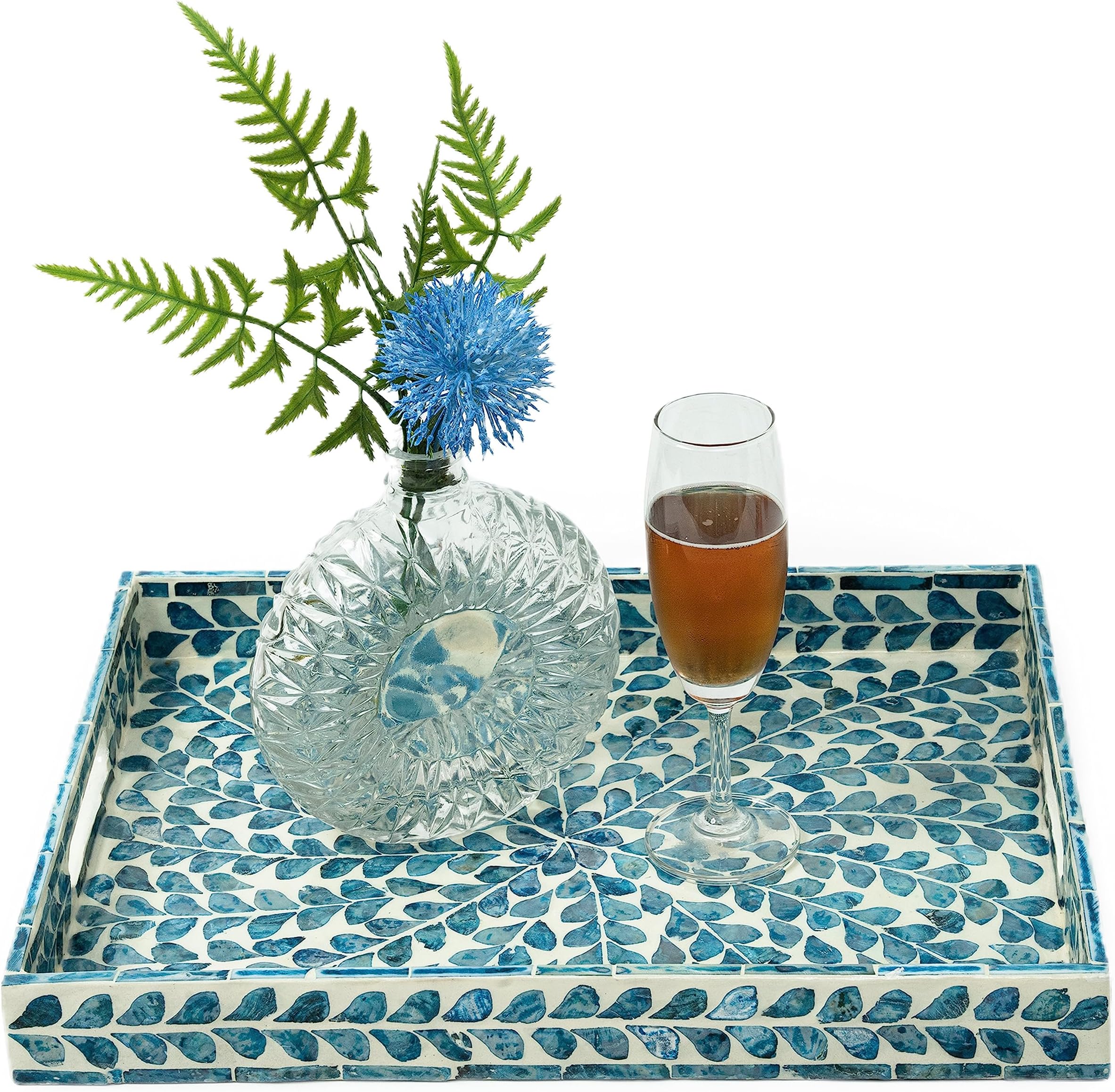 Serving Tray 15.7" X11.8", Lacquer Mother of Pearl Inlay Mosaic Tray, Rectangle Wooden Marble Tray with Handles Trays for Tea, Breakfast in Bed, Table (Blue)