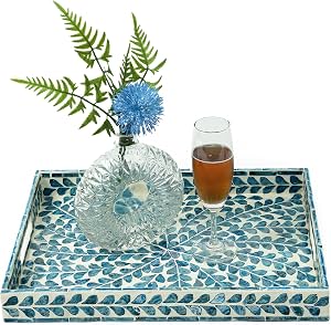 Bandeja de Servir de 15.7" x 11.8", Bandeja de Mosaico con Incrustaciones de Madreperla y Laca, Bandeja Rectangular de Madera con Manijas para Té, Desayuno en Cama, Mesa (Azul)