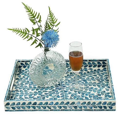 CLAYNIX Serving Tray 15.7" X11.8", Lacquer Mother of Pearl Inlay Mosaic Tray, Rectangle Wooden Marble Tray with Handles Trays for Tea, Breakfast in Bed, Table (Blue)