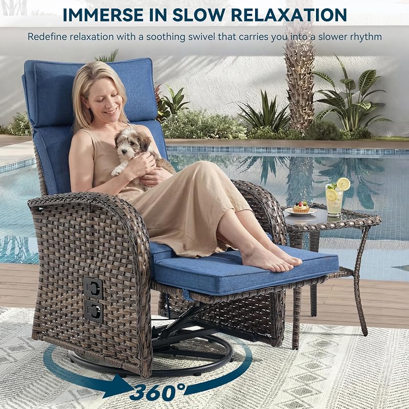 Jelwaly Zero Gravity Patio Swivel Recliner Chair - Wicker Outdoor Lounge Chair with Adjustable Backrest & Footrest, All Weather Reclining Chairs with Thick Cushion for Pool Deck Blue image 3