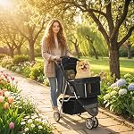 PawHut Poussette pour chats, 3 Roues Poussette pliable pour chien avec panier de rangement, frein, canopée réglable, porte-gobelets, poussette pour animaux de compagnie pour miniature et petits chiens voyage, noir
