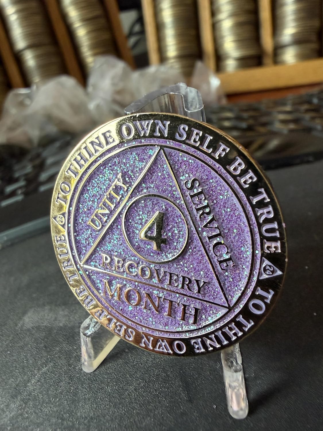 4 Month AA Medallion Reflex Lavender Purple Glitter Gold Plated Sobriety Chip