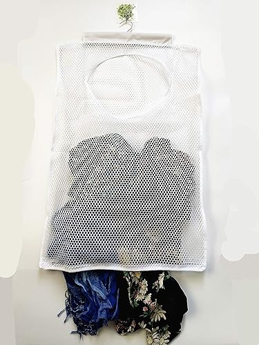 Miniatura 7 de Bolsa de malla para colgar en la puerta, cesta pequeña de lavandería para ahorrar espacio, cesta de ropa sucia con colgador de metal giratorio para