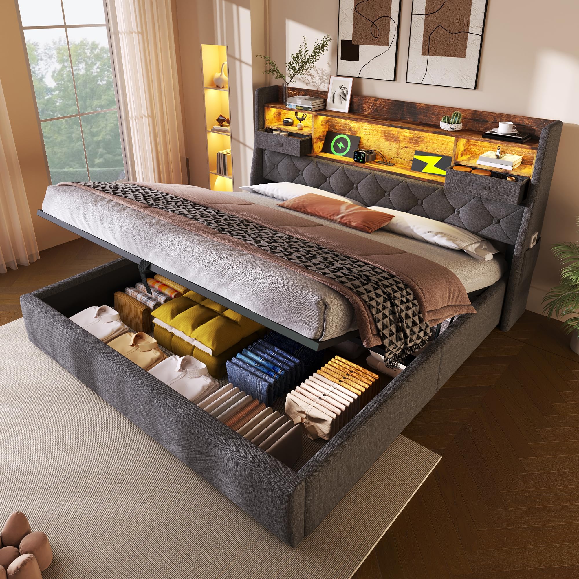 Ball & Cast Upholstered Bed 4ft6 Hydraulic Bed with LED Lighting, USB Type-C Charging, Storage Headboard for Cellphones & Tablets, 135 x 190 cm Double Bed with Metal Slatted Frame, Linen, Grey