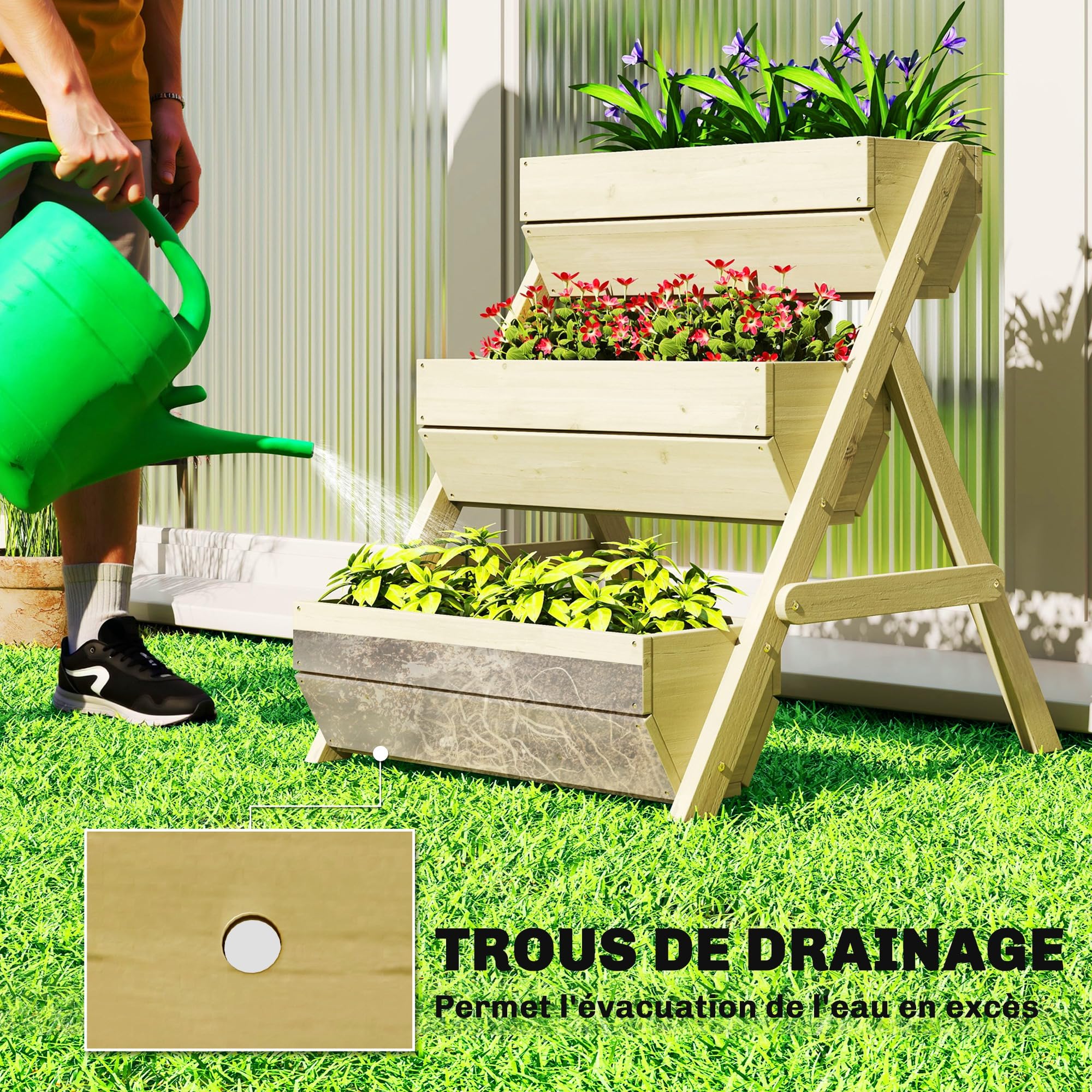 Outsunny Jardinière Surélevée en Bois avec 3 Étages 65 x 75 x 76 cm Vert | Bac à Fleurs, Étagère en Escalier pour Plantes, Trous de Drainage, pour Terrasse Balcon Jardin, Herbes Aromatiques