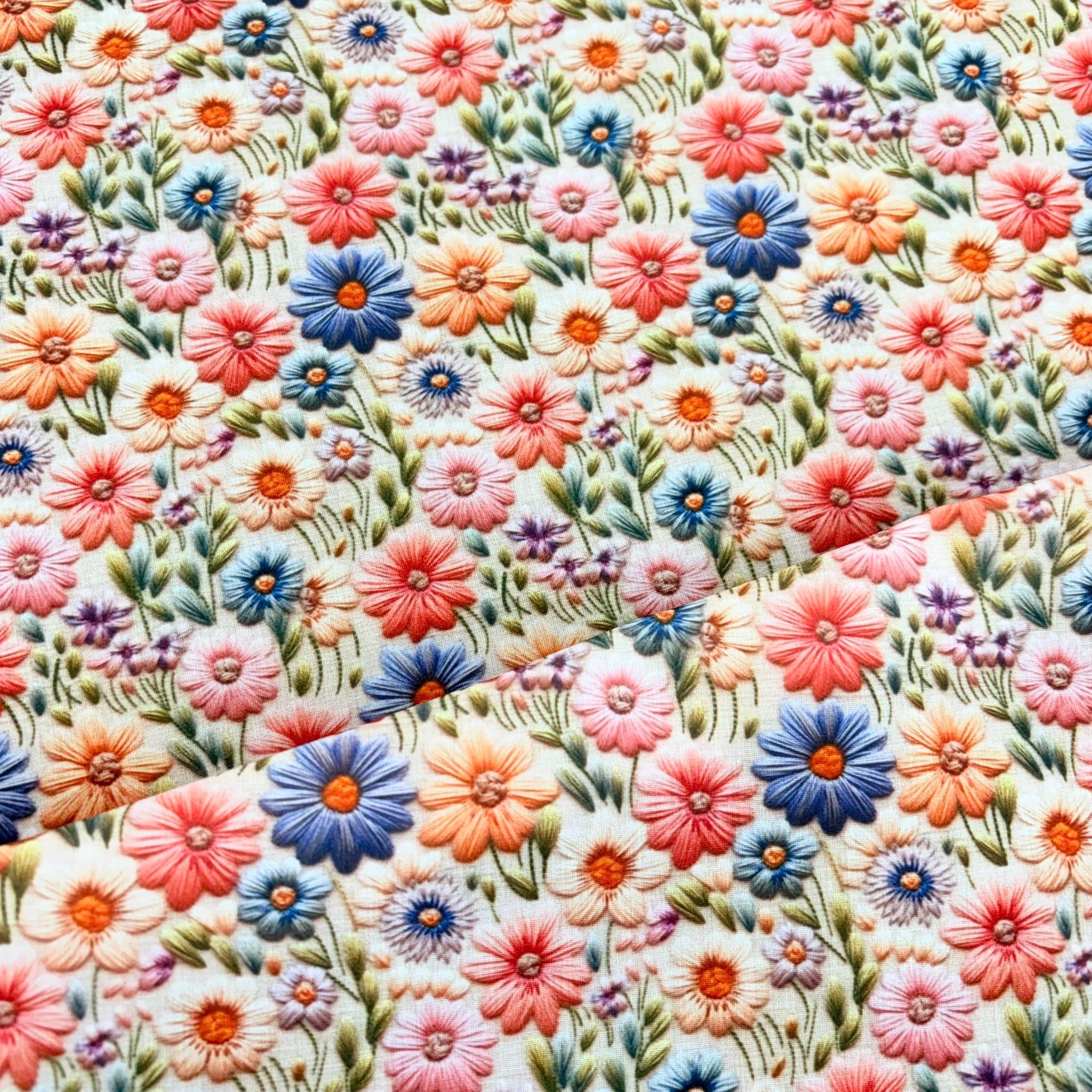 Polycotton Print Fabric, Cartoon Daisies Floral Design, 112cm Wide, Sold by the Metre, for Dressmaking, Crafts, Bags, Bunting