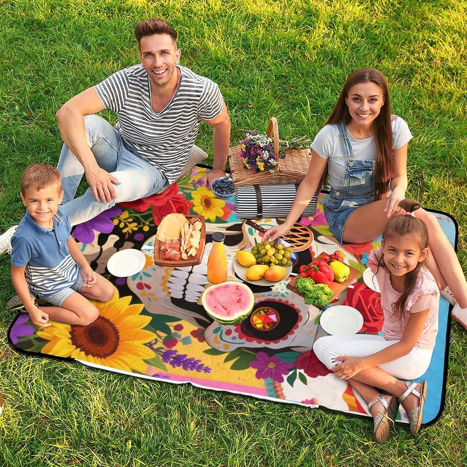 Mexican Floral Picnic Blanket 150x100cm, Foldable 2-in-1 Picnic Mat and Tote Bag Portable Waterproof Beach Mat Sandproof Outdoor Blanket for Park, Hiking, Beach, Camping, Travel