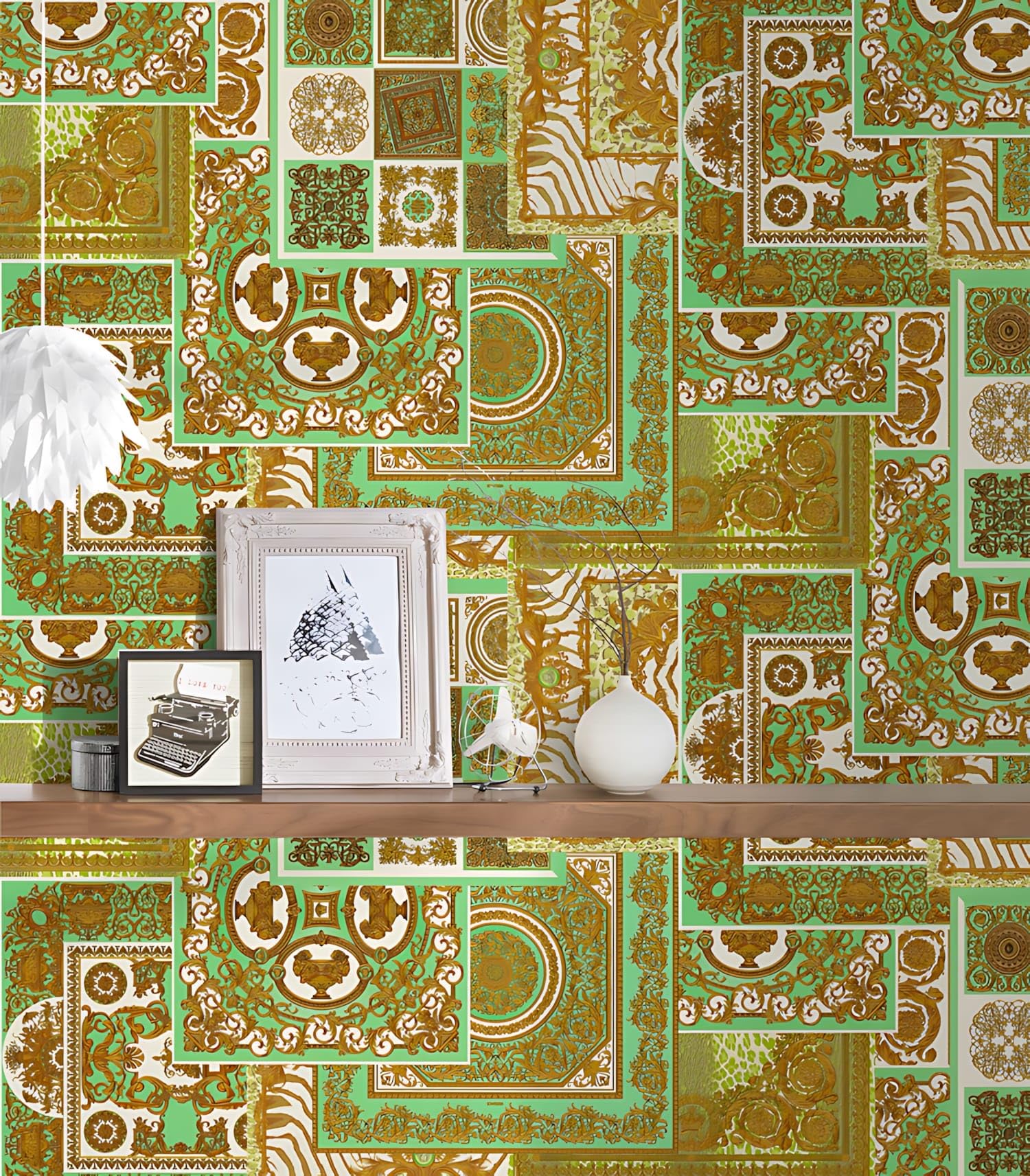 Profhome Carta da parati design 370482-GU carta da parati intissata (TNT) oro verde marrone 0,70 m x 10,05 m / 7,035 m2