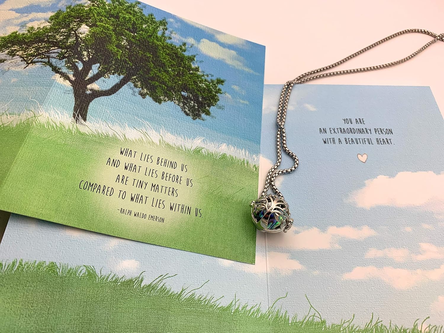 Smiling Wisdom - What Lies Within Us Beautiful Heart Greeting Card and Abalone Heart Tree Locket Gift Set - Encouraging Inspiring - Woman Sister Friend Daughter Wife - Stainless Steel