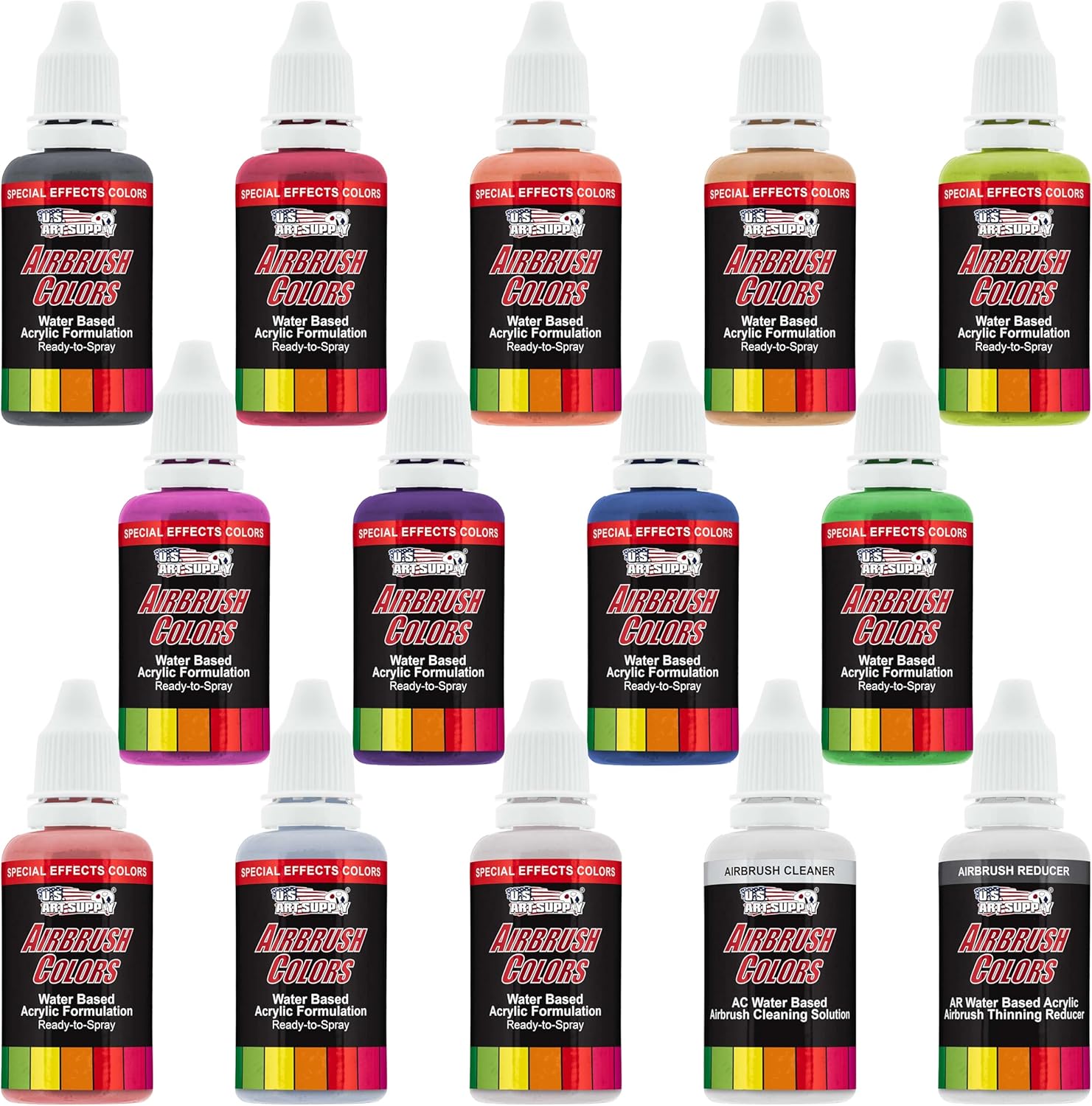 U.S. Art Supply Airbrush Paint Set - 12 Color Pearlized with Reducer & Cleaner, Ready to Spray Air brush Paint, 1-Ounce Water-Based Acrylic for Painting Metal, Plastic Models, Canvas, Wood