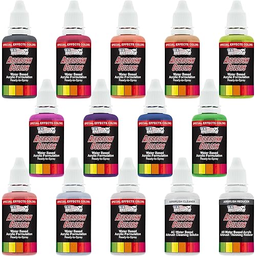 U.S. Art Supply Airbrush Paint Set - 12 Color Pearlized with Reducer & Cleaner, Ready to Spray Air brush Paint, 1-Ounce Water-Based Acrylic for Painting Metal, Plastic Models, Canvas, Wood