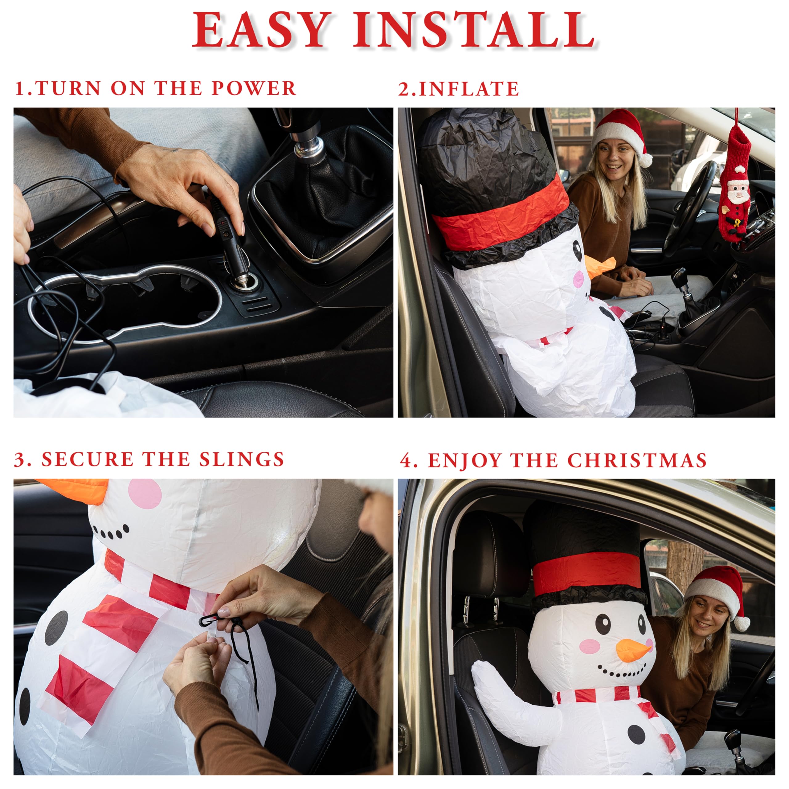 ZONETECH Bonhomme de neige de Noël gonflable pour voitures, copain de voiture gonflable avec prise soufflante de voiture 12 V lumières LED, décoration facile à installer en plein air pour décoration