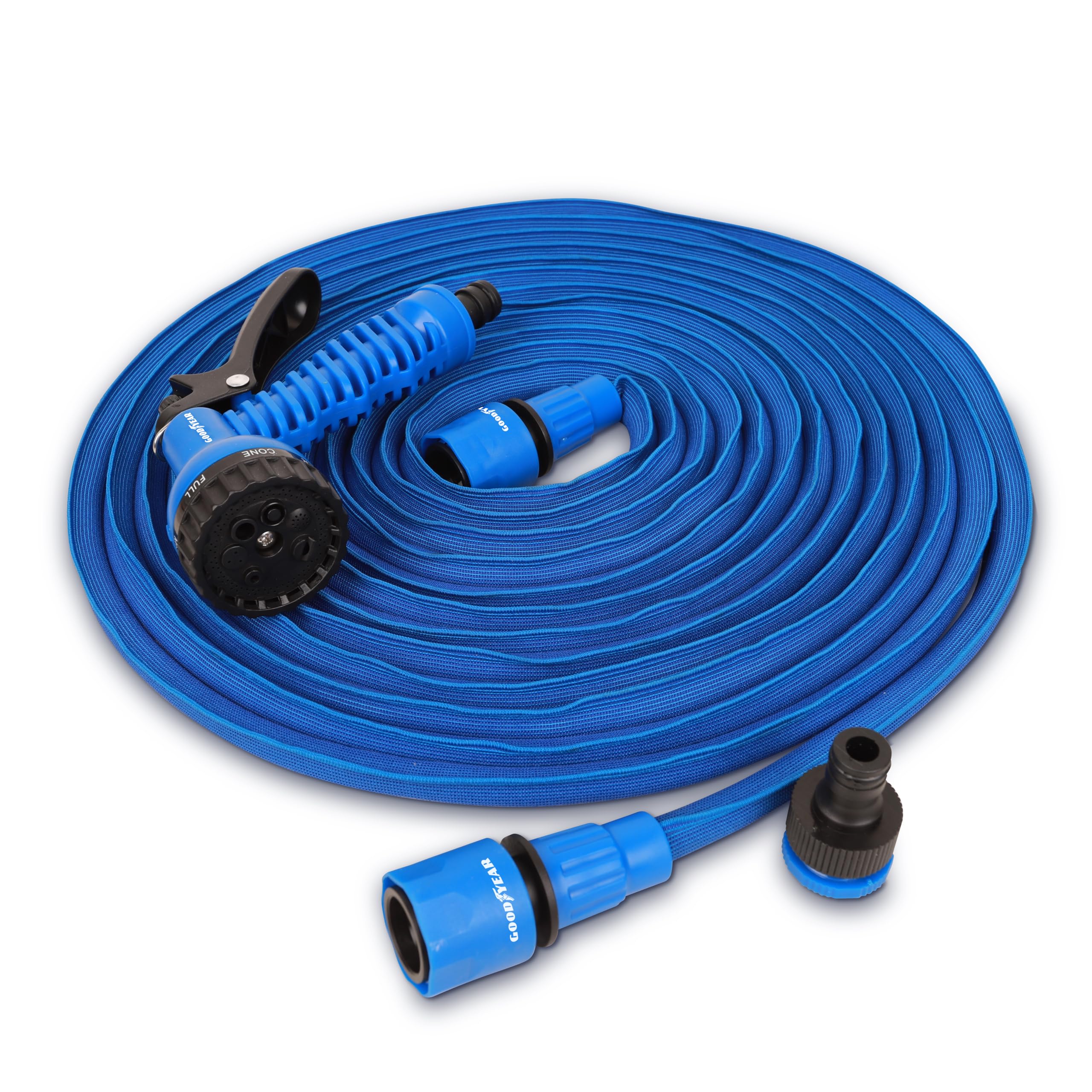 Goodyear – Manguera de Jardín Expandible 30m (100ft), Ligera y Anti-Torsión, Incluye Pistola de Riego 7 Posiciones y Conectores Rápidos 1/2" y 3/4", Azul