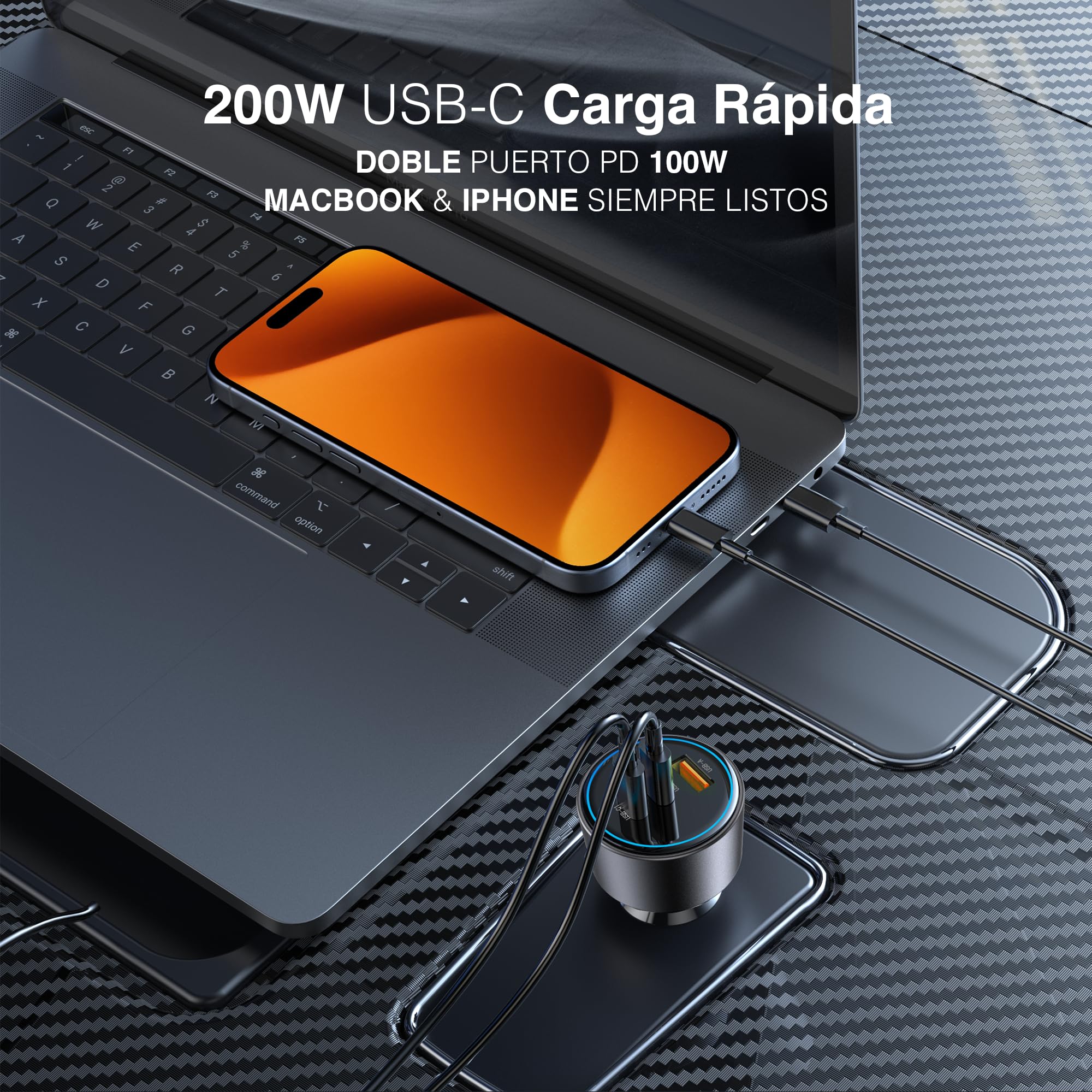 PORTENTUM Triple Cargador Coche Carga Rapida 200W – Incluye Cable de 100W USB-C – 2X USBC PD 100W + USBA QC 18W – Accesorio Mechero – para Macbook Portátil iPhone iPad Tablet Smarphone Galaxy