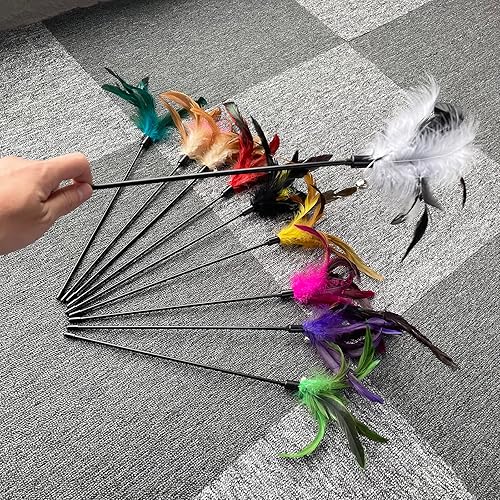 Miniatura 4 de Paquete de 10 juguetes de varita de plumas para gatos con campana, teaser interactivo de plumas naturales para gatitos de interior, juguete para