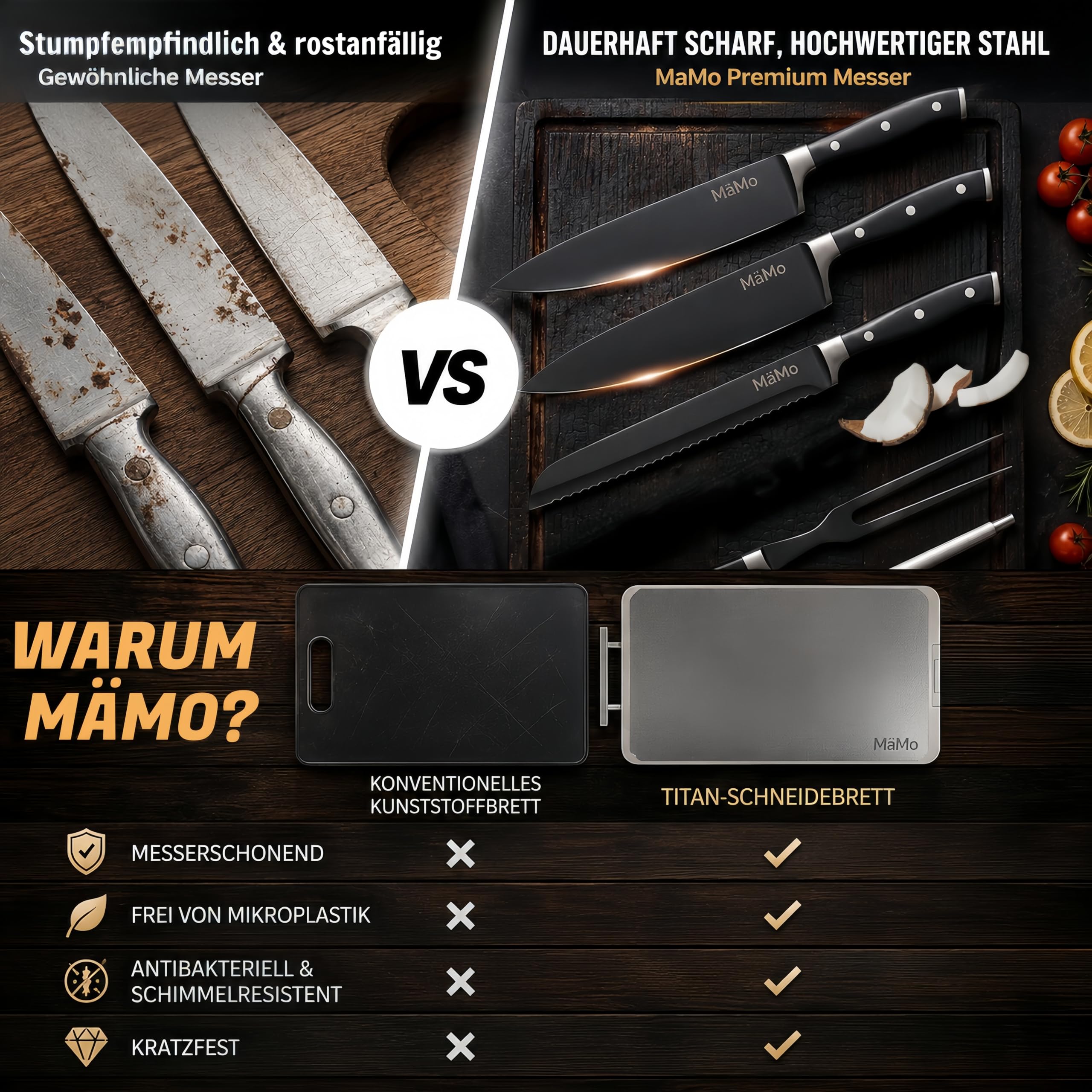 Set di 19 coltelli con ceppo e tagliere in titanio, set di coltelli da cucina professionali in acciaio inox con coltello da cuoco, coltello Santoku, 6 coltelli da bistecca, acciaio affilato, forbici