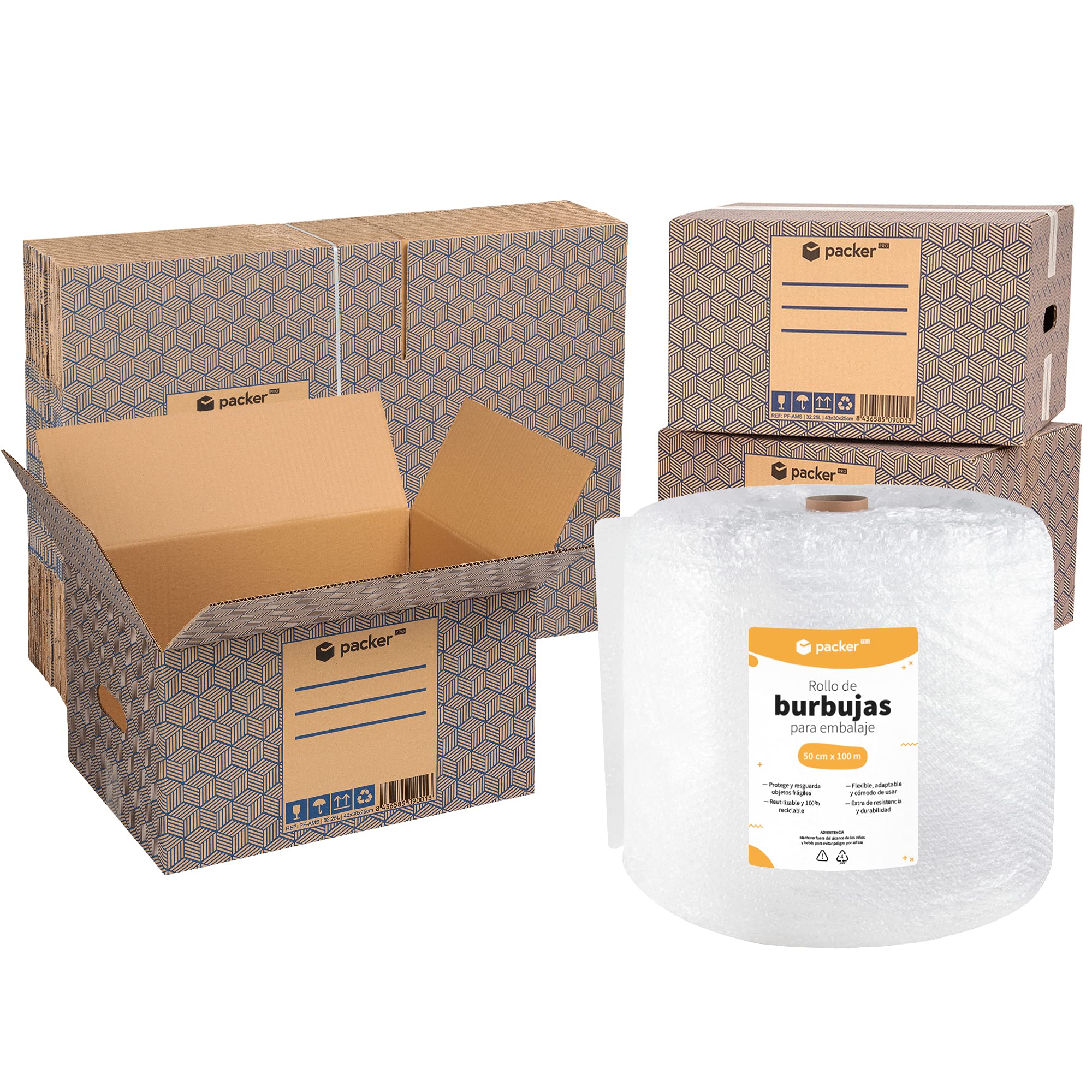 packer PRO Rollo Plastico Burbujas Embalaje 50cm x 100m y 10 Cajas Carton 43x30x25cm