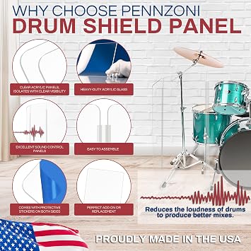 PENNZONI Drum Shield 4ft Single Panel w/ Plastic Hinges, Premium Clear Acrylic Panel, Drum Screen