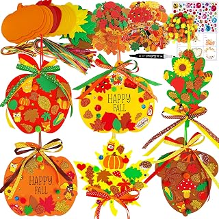 Winlyn 24 Sets Fall Pumpkin Ornaments Decorations DIY Fall Craft Kits Foam Pumpkin Apple Acorn Autumn Leaf Stickers for Kids Party Favors Thanksgiving Halloween Classroom Home Activity Tree Door Decor